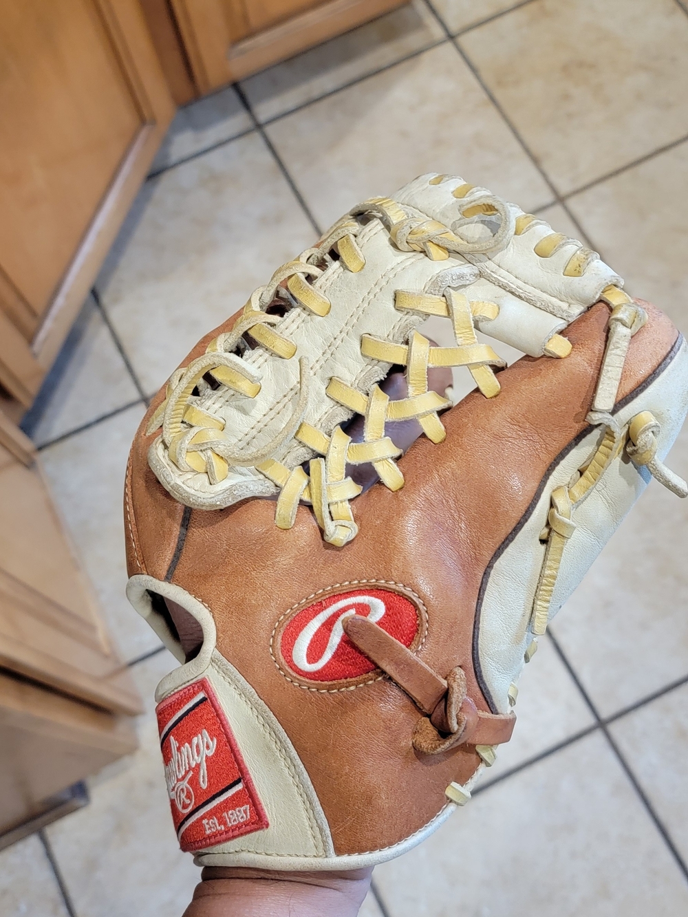 Rawlings Brown and Cream Leather Fielding Glove with Red Logo